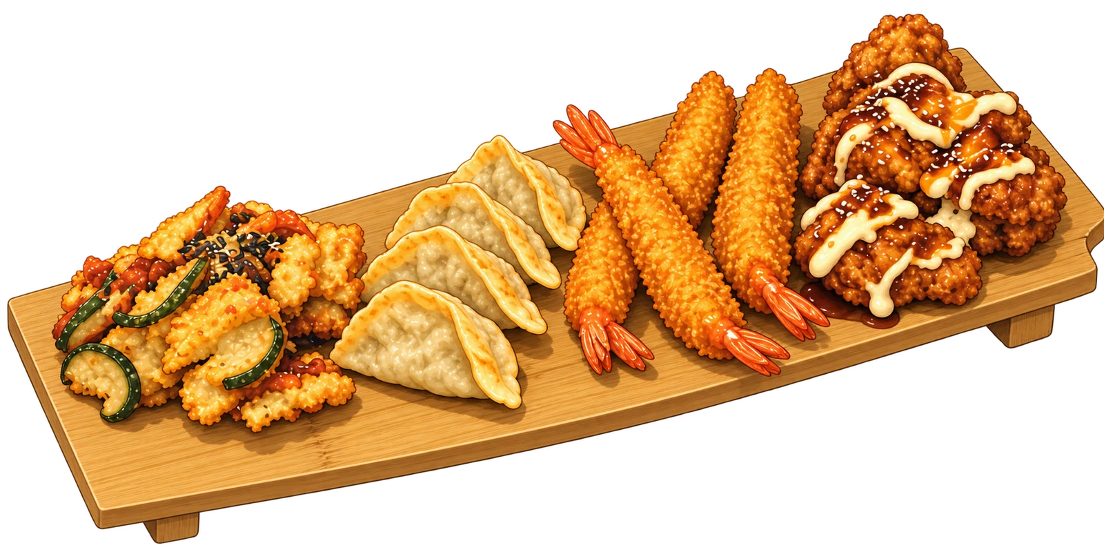 Moriawase illustration: tempura, gyoza, breaded prawns and karaage on a bamboo platter