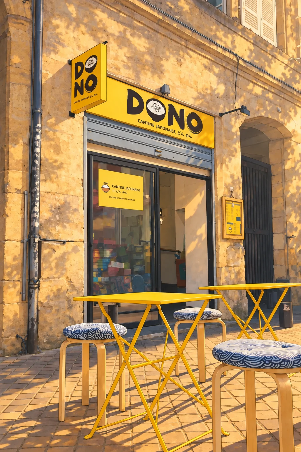 Illustration of DONO’s storefront and small terrace with yellow tables